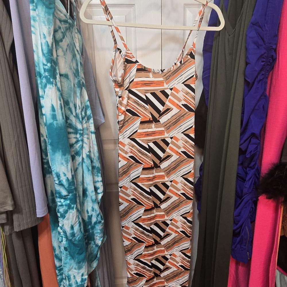 Geometric Strappy Dress in Orange and Black